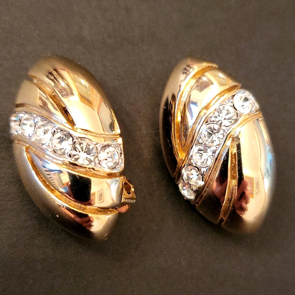 NEW Vintage Gold-tone & Crystal Clip-on Earrings